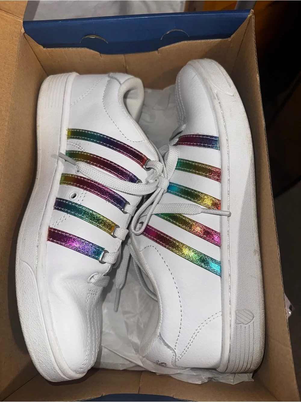 K-Swiss Women's Court Pro II CMF sneakers in white with rainbow stripes